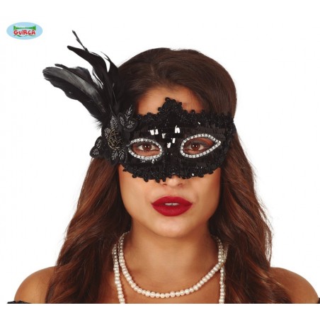 ANTIFAZ NEGRO CON FLOR Y PLUMA