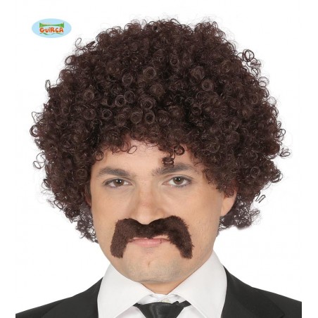 PELUCA RIZOS CASTAÑA CON BIGOTE EN CAJA