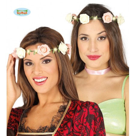CORONA FLORES ROSAS CON LUZ