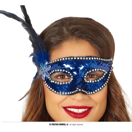 ANTIFAZ LENTEJUELAS AZUL CON PLUMA