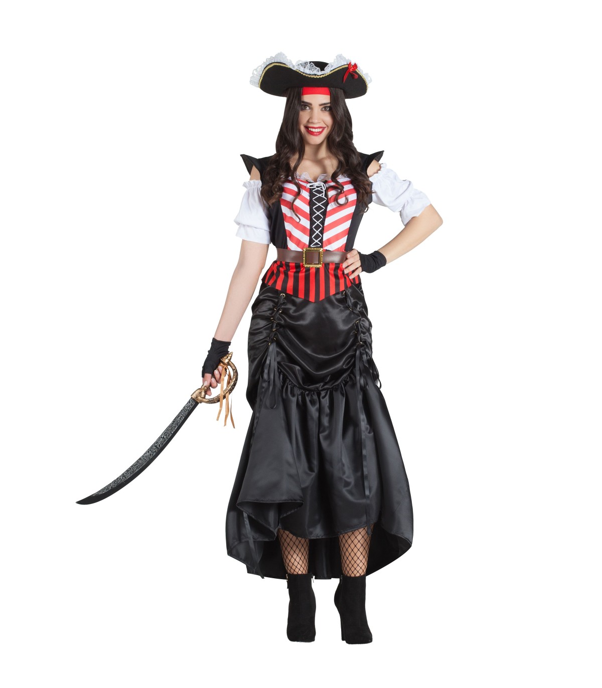 Falda Traje De Pirata De Mujer Disfraz De Pirata Rojo A Rayas Para Mujer, image size:1200x1372